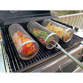 1PCS Rolling Grilling Basket - Round Stainless Steel BBQ Grill Mesh - 30cm