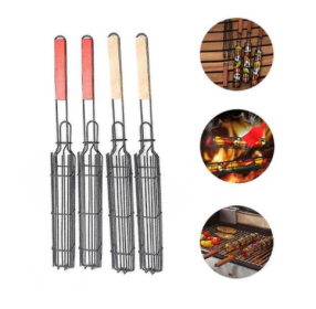 Grill Cage Sausage Grill Barbecue Clip Mesh With Wooden Handle Bbq - 4pcs