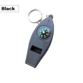 4 In 1 Emergency Survival Whistle With Compass Thermometer Magnifier For Hiking Camping Hunting Fishing - Black