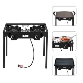 Outdoor Camp Stove High Pressure Propane Gas Cooker Portable Cast Iron Patio Cooking Burner (Double Burner 150000-BTU) - as pic